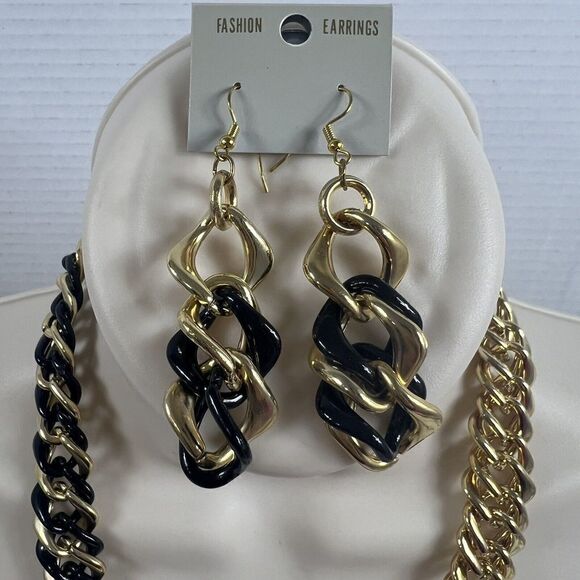 3 Piece Set Light Link Necklace Curb Cuban Link Chain Necklace Bracelet Earrings - Picture 4 of 8